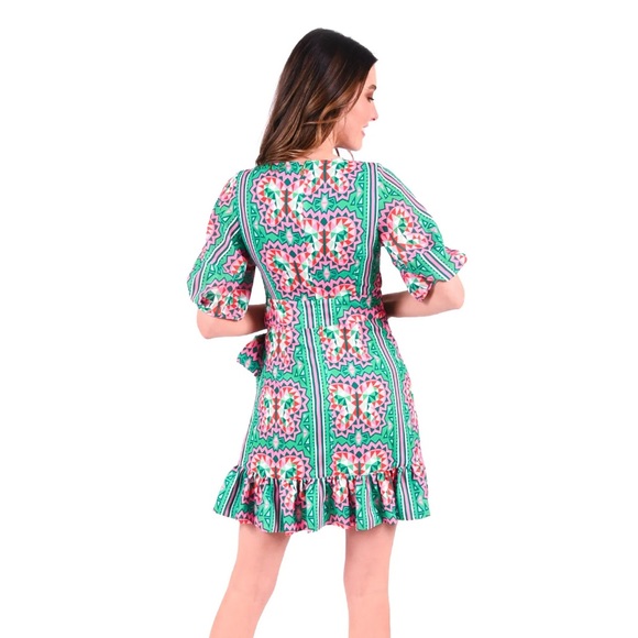 New Emily McCarthy Geometric Spring Dress w/ ruffle sleeve SZ Large - Picture 5 of 11